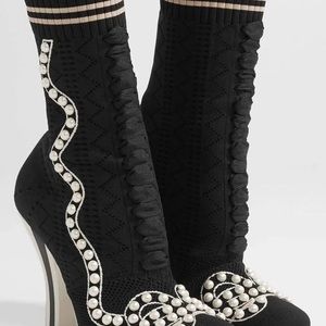 Fendi Black & White Rockoko Faux Pearl Sock Boots